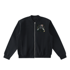 Black jacket with a graphic on the chest against a white background