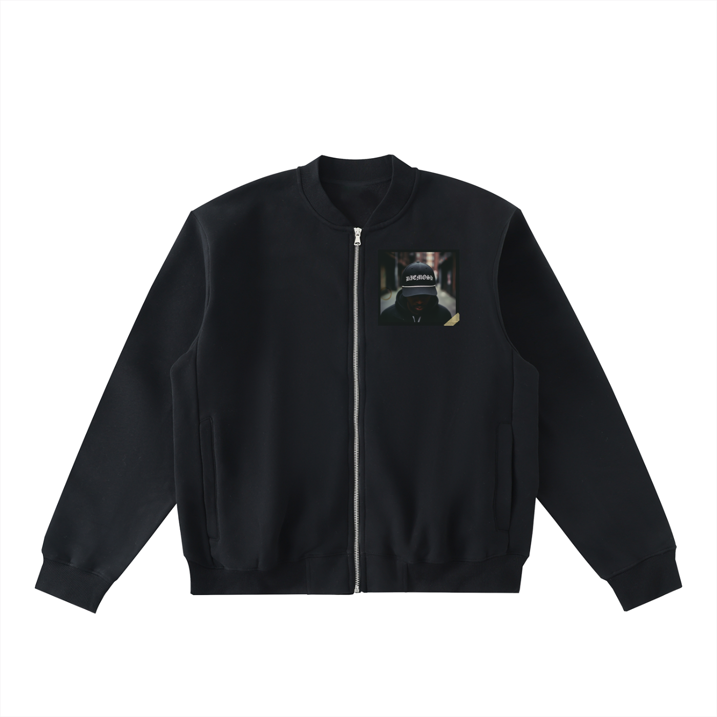 Black jacket with a graphic on the chest against a white background