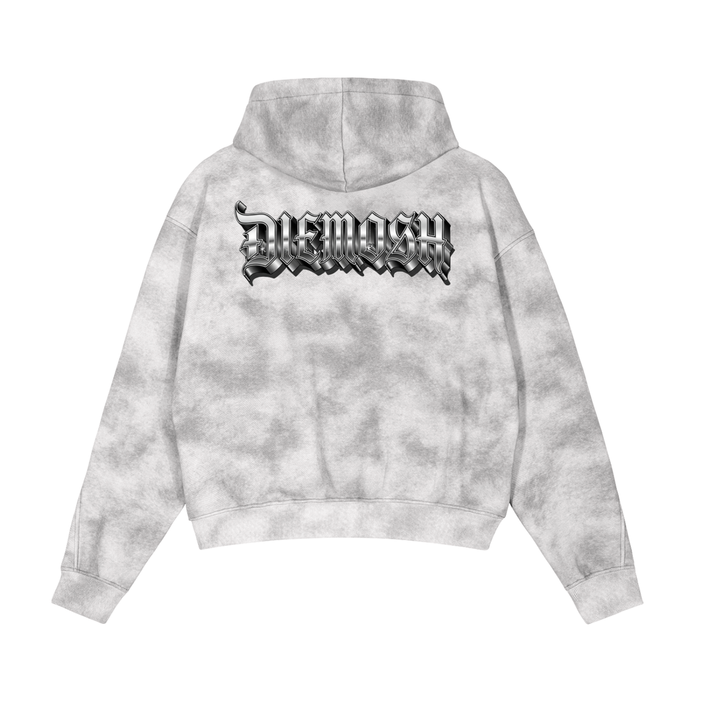 Gray tie-dye hoodie with black text logo on the back against a white background