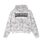 Gray tie-dye hoodie with black text logo on the back against a white background