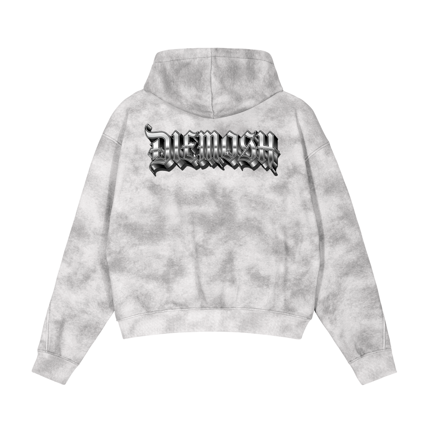Gray tie-dye hoodie with black text logo on the back against a white background