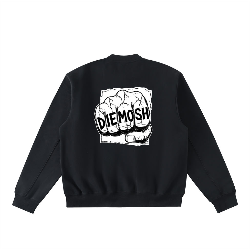 Black sweatshirt with a graphic design on the back featuring the text 'DIEMOSH' against a white background.
