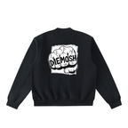 Black sweatshirt with a graphic design on the back featuring the text 'DIEMOSH' against a white background.