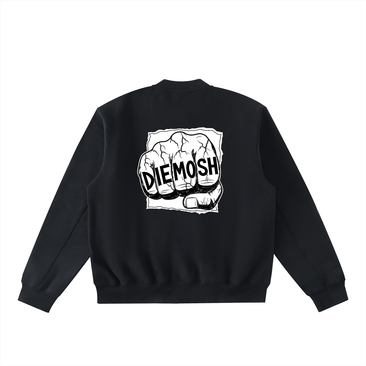 Black sweatshirt with a graphic design on the back featuring the text 'DIEMOSH' against a white background.